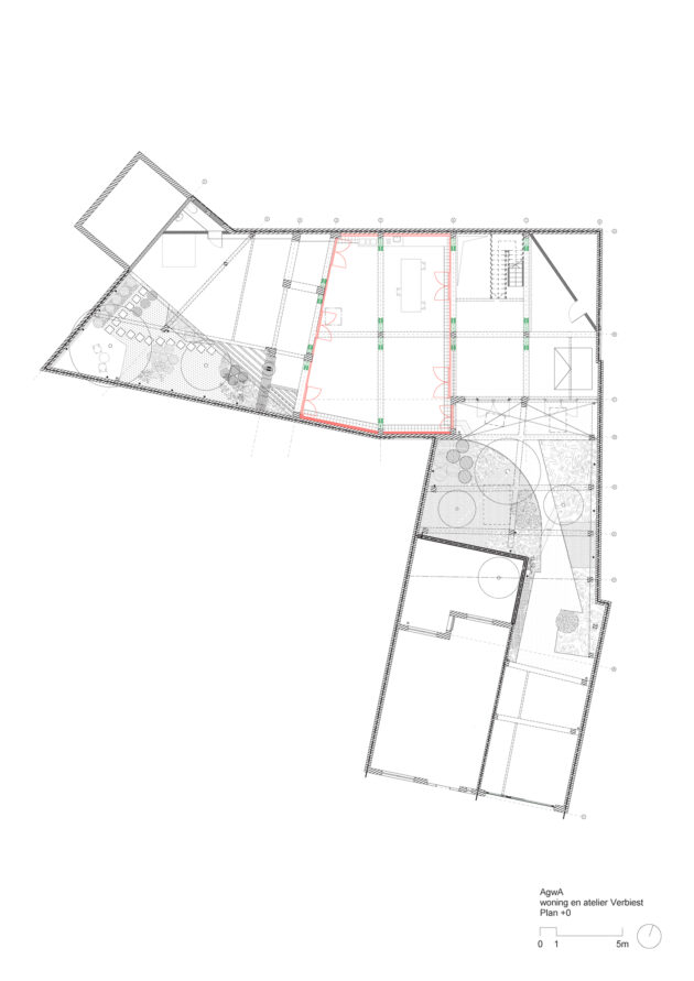 AgwA - Verbiest — Plan du rez-de-chaussée : espace chauffé en rouge // AgwA / Topophile