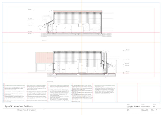 RWKA - Clifden House — Coupes d’exécution longitudinales à travers cuisine et salon // Ryan W. Kennihan Architects / Topophile