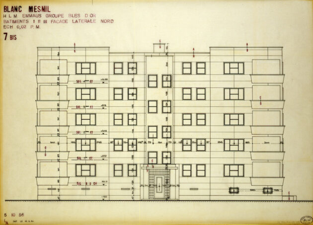 1956-1964. Cité Les Blés-d'Or, Le Blanc-Mesnil : élévation de la façade latérale nord des bâtiments types I, II et III (éch. 1/50e), 5 oct. 1956 (modifié le 18 mai 1960). Fonds André Lurçat 200 IFA 670 // Centre d'archives d'architecture contemporaine - Cité de l'Architecture et du Patrimoine / Droits réservés