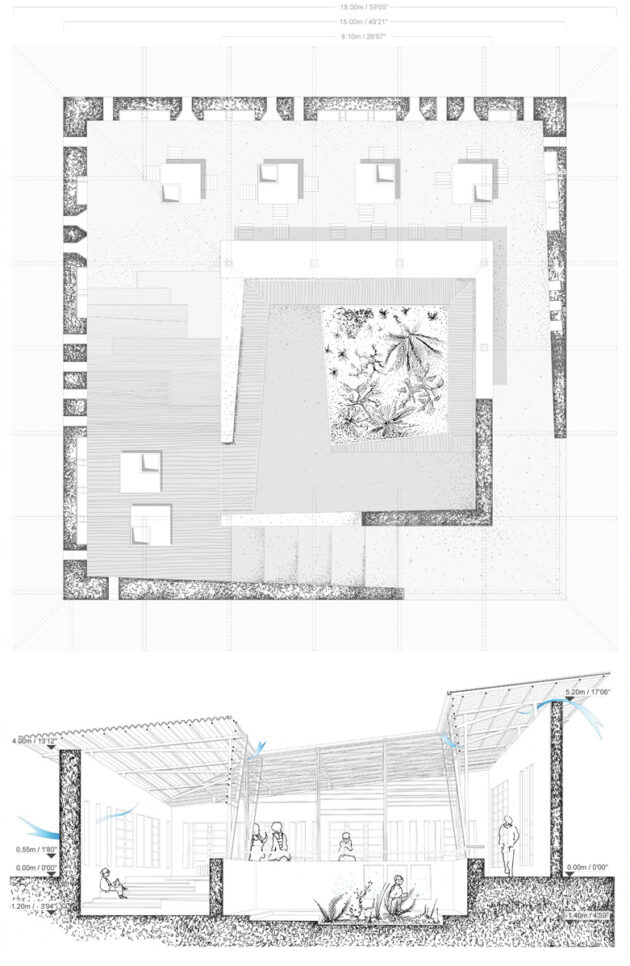 Eskaapi - Bibliothèque Abetenim — Plan et coupe rendus au concours // Eskaapi / Topophile