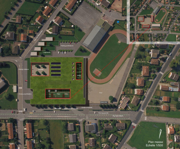 Le nouveau collège est un rectangle de 105m x 90m dont les patios correspondent aux bâtiments de l’ancien collège // Cartignies-Canonica / Topophile